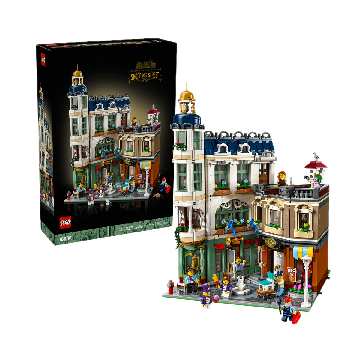 LEGO Icons Shopping Street 11371, box and built model