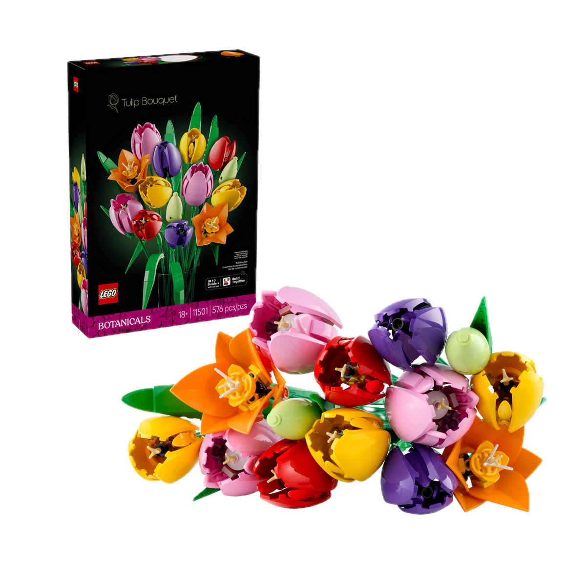 LEGO Botanicals Tulip Bouquet 11501, box and built bouquet