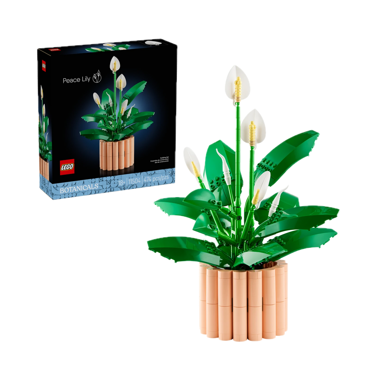 LEGO Botanicals Peace Lily 11504, box and built plant