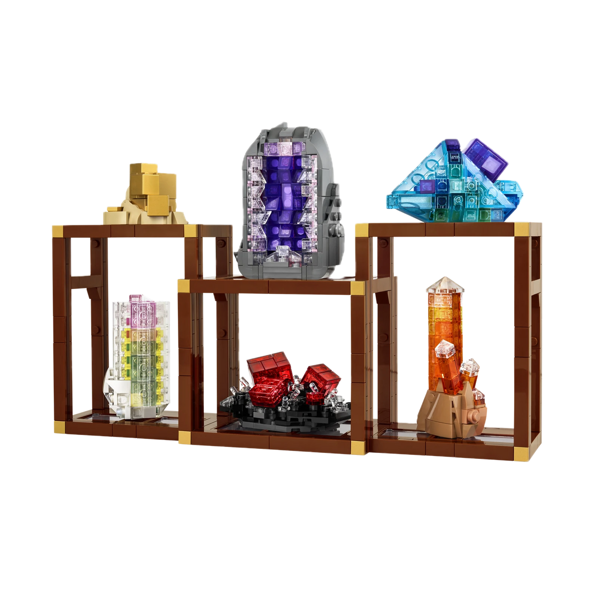 LEGO Ideas Mineral Collection 21362, full display on three shelves