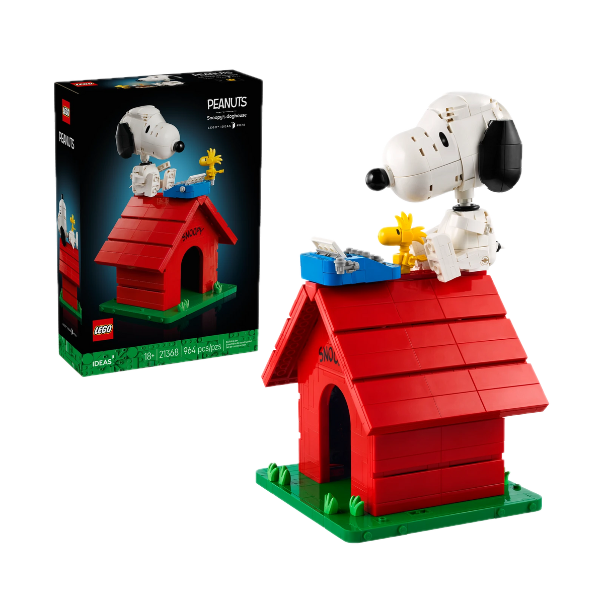 LEGO Ideas Peanuts Snoopy's Doghouse 21368, box and built model