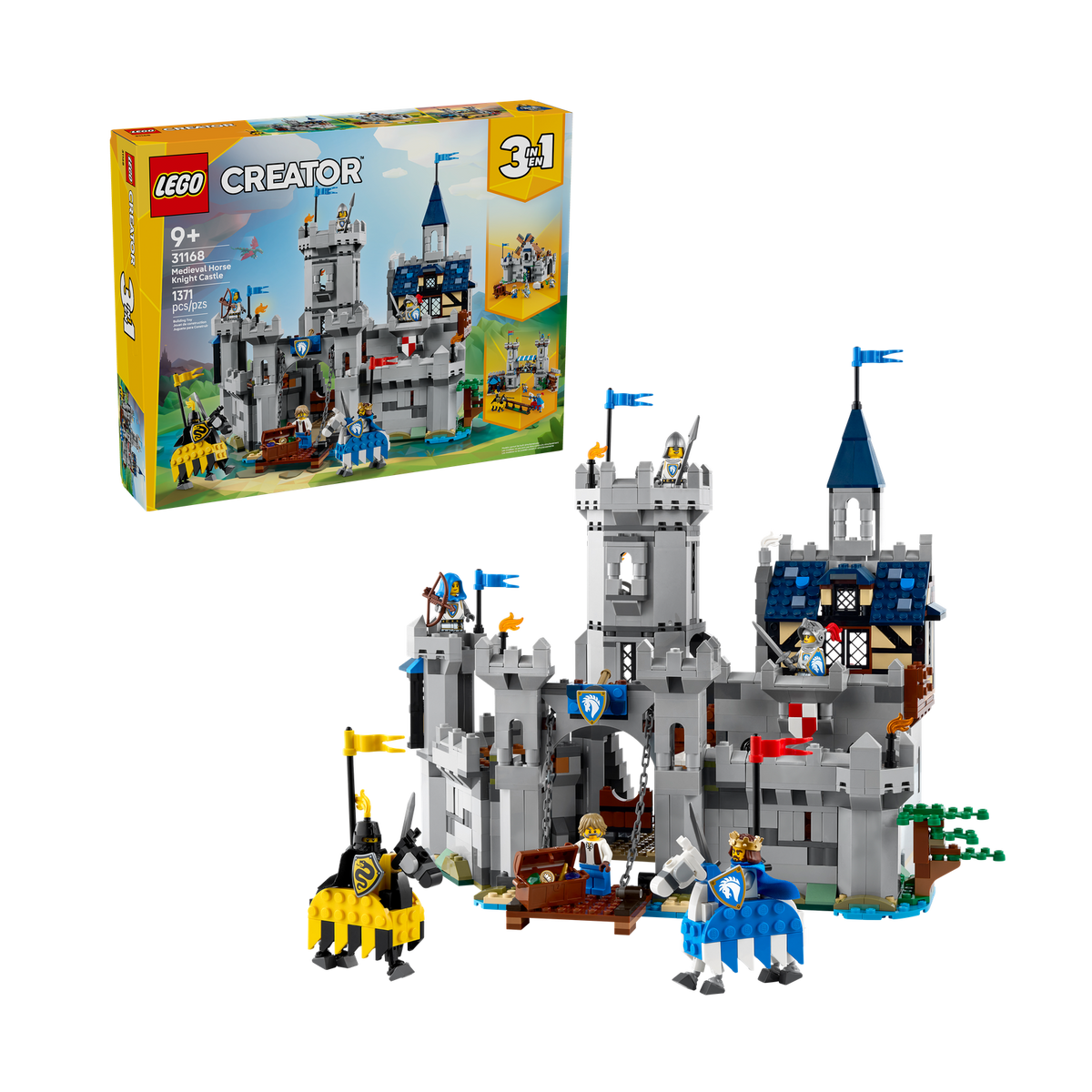 LEGO Creator 3in1 Medieval Horse Knight Castle 31168, box front with the built castle