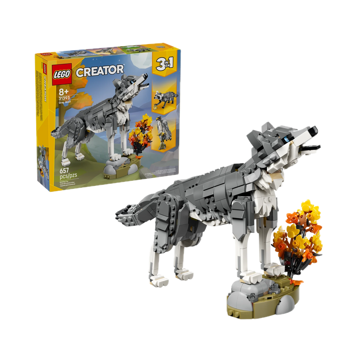 LEGO Creator 3in1 Forest Animals: Gray Wolf 31393, box and model