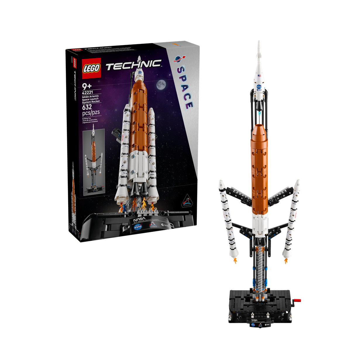 LEGO Technic NASA Artemis Space Launch System Rocket 42221, box front with the built rocket