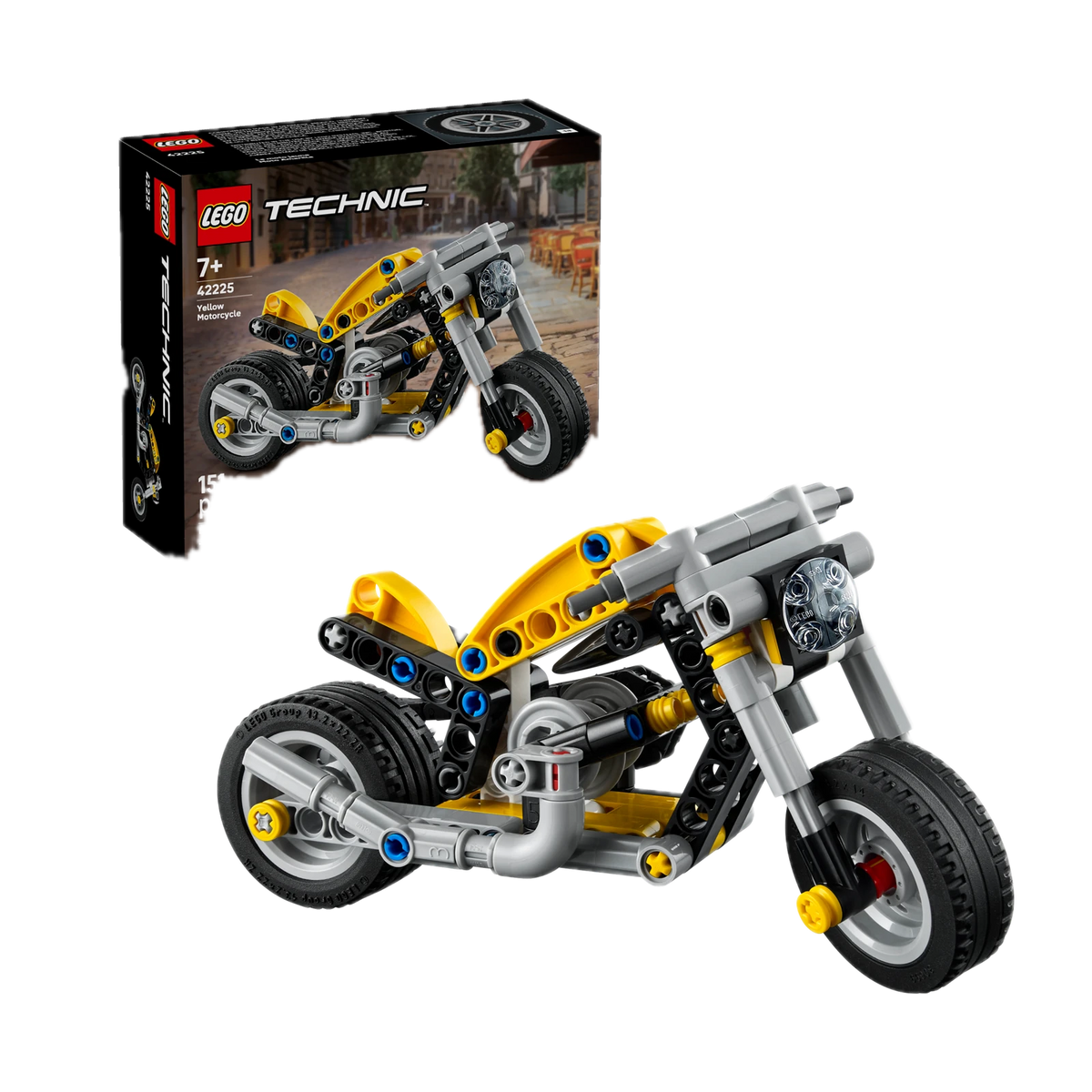 LEGO Technic Yellow Motorcycle 42225, box and model
