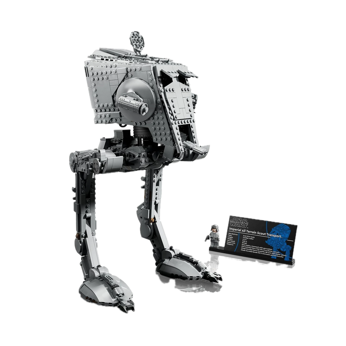LEGO Star Wars AT-ST Walker 75417, side view with display plaque