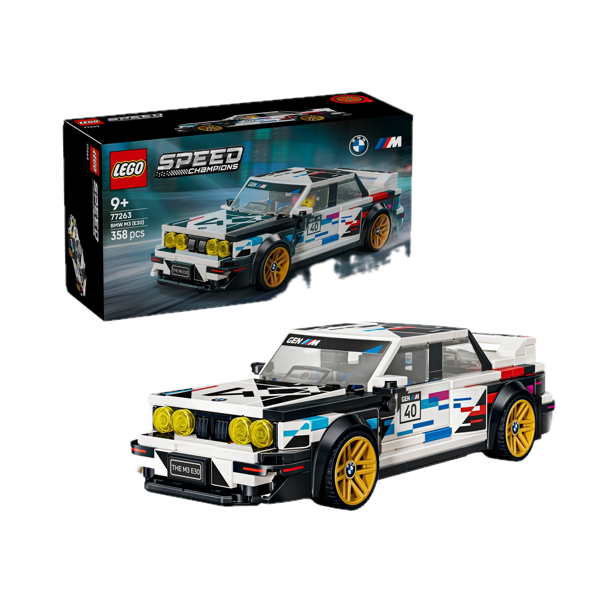 LEGO Speed Champions BMW M3 (E30) 77263, box and model