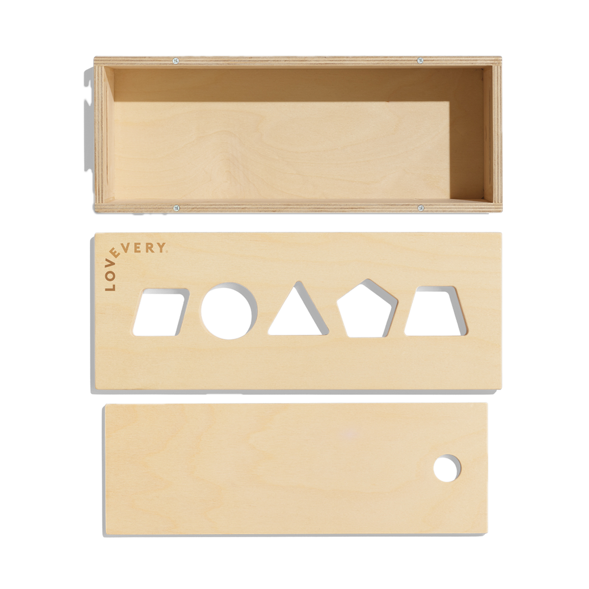 Lovevery The Block Set, wooden storage box with shape-sorting lid