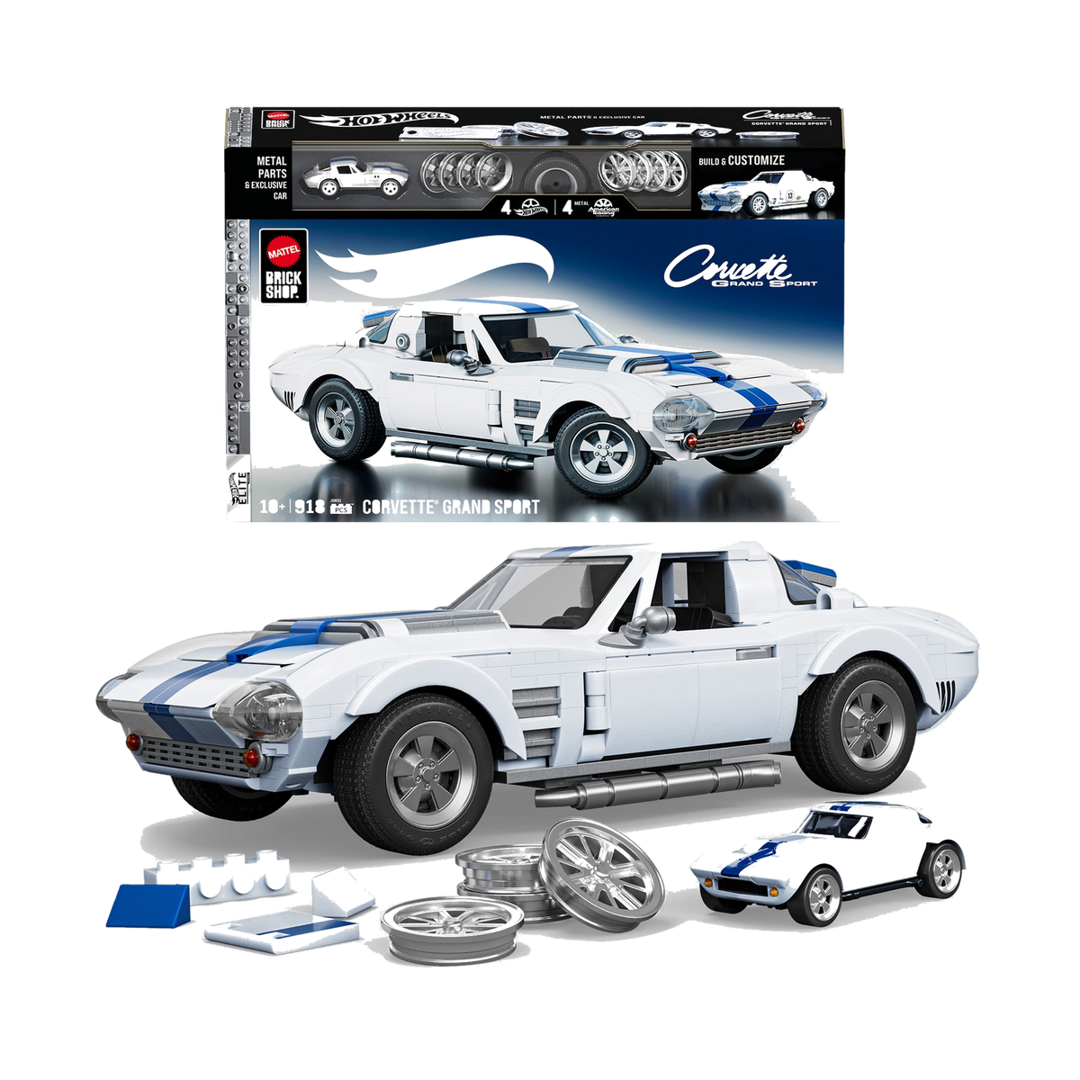 Mattel Brick Shop Hot Wheels Corvette Grand Sport Building Set JGR31, built car with box and accessories