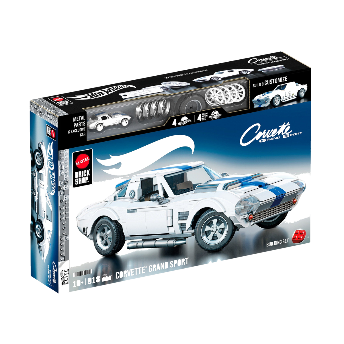 Mattel Brick Shop Hot Wheels Corvette Grand Sport Building Set JGR31, box front from an angle