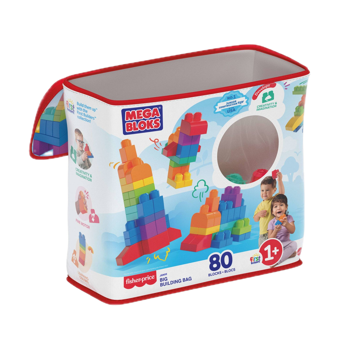 MEGA BLOKS First Builders Big Building Bag JGK05, blue storage bag with blocks and simple builds