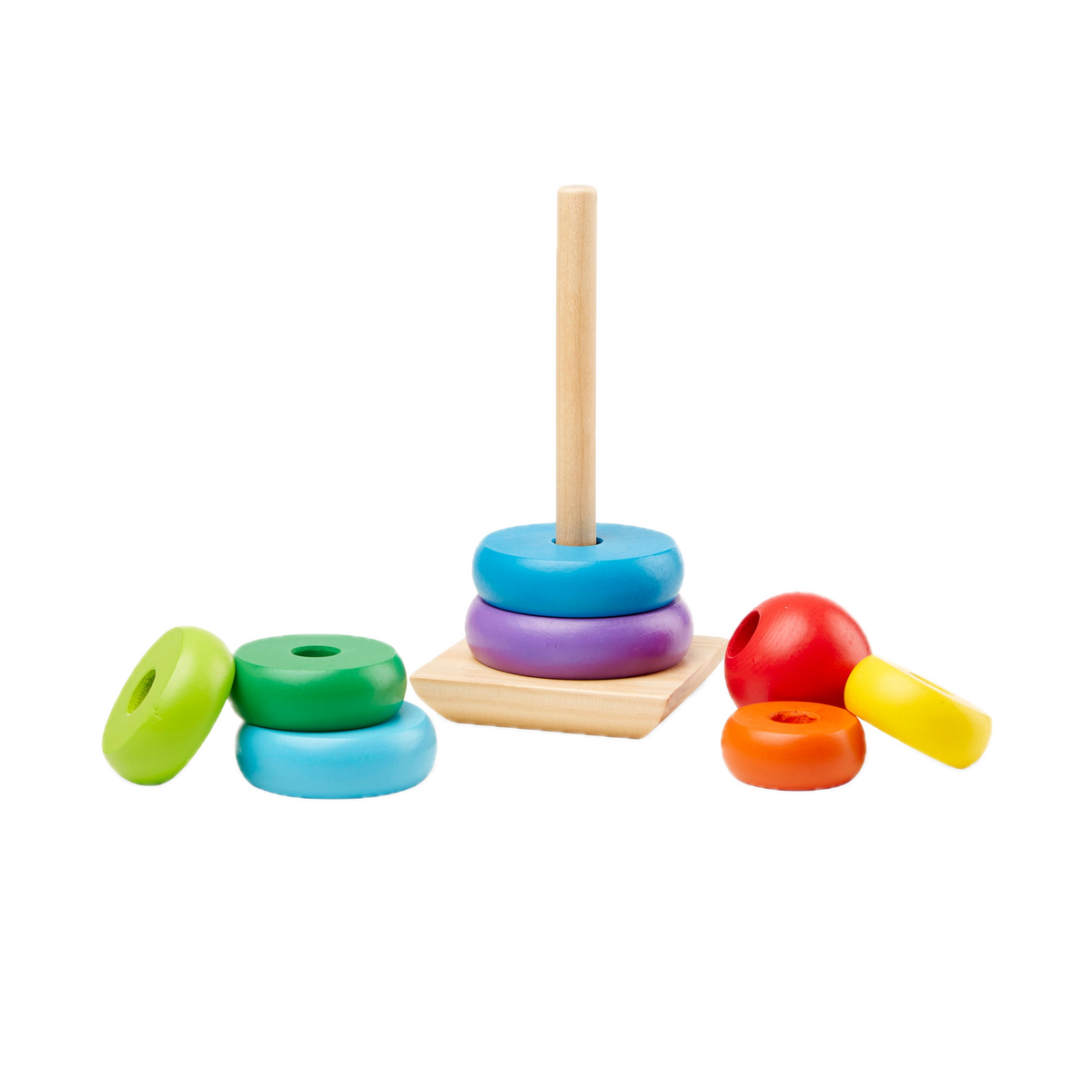Melissa & Doug Rainbow Stacker 51009, rings and ball off the peg