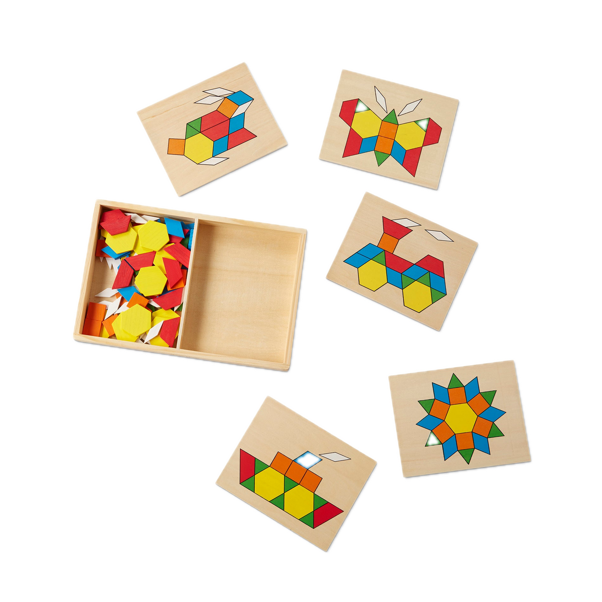 Melissa & Doug Pattern Blocks and Boards 51013, 120 shapes and boards laid out