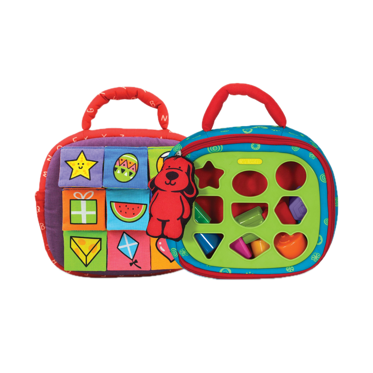 Melissa & Doug K's Kids Take-Along Shape Sorter 51097, case front and back with shape blocks