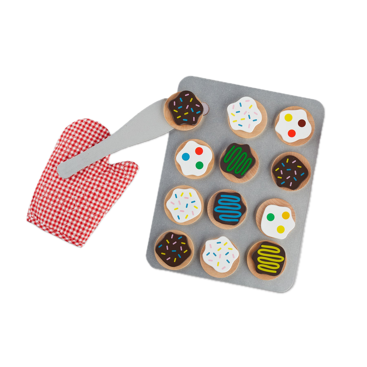 Melissa & Doug Slice & Bake Cookie Set 52297, cookies on the tray with mitt and spatula