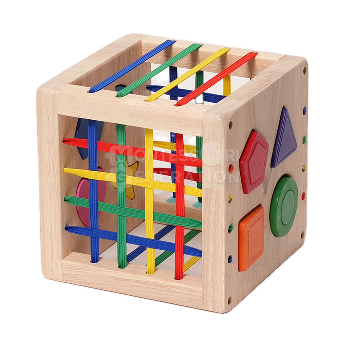 Montessori Generation Montessori Wooden Sorting Cube, cube showing elastic bands