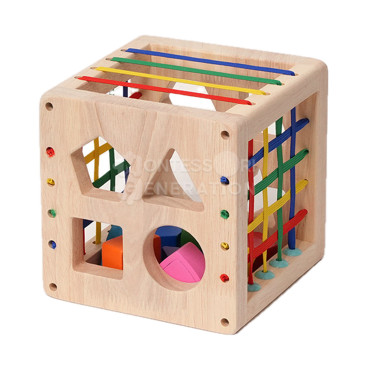 Montessori Generation Montessori Wooden Sorting Cube, cube side with shape holes