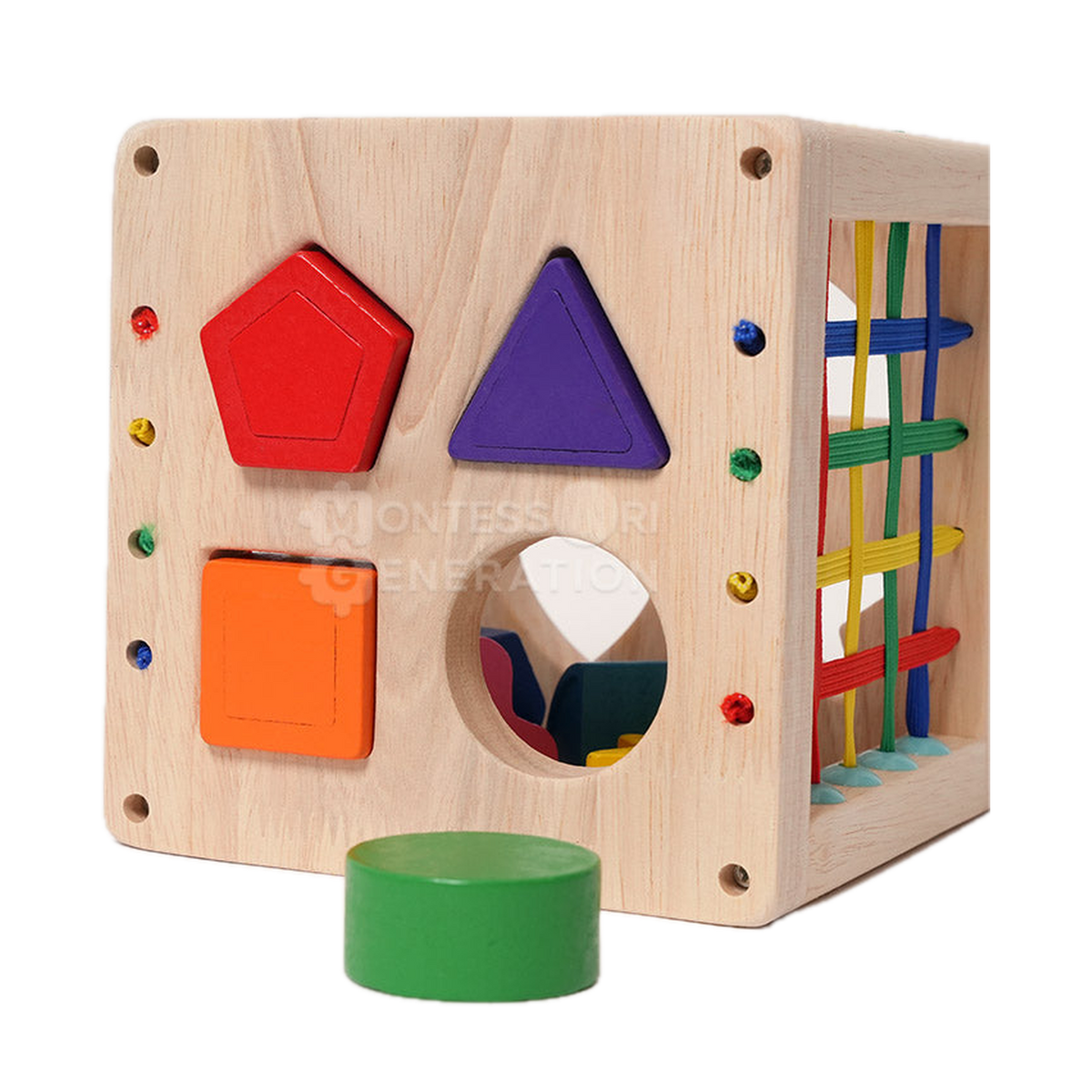 Montessori Generation Montessori Wooden Sorting Cube, cube with shapes in front