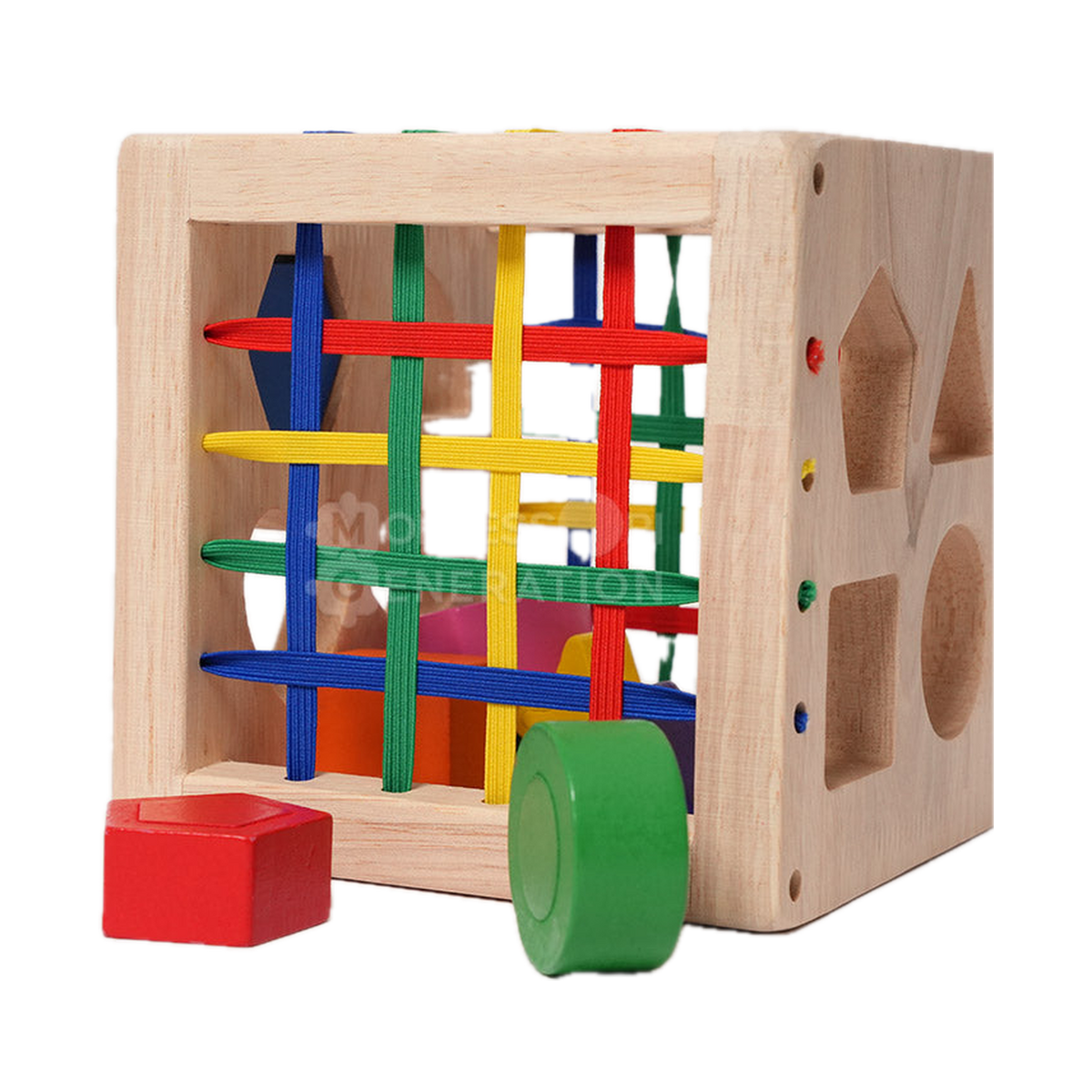 Montessori Generation Montessori Wooden Sorting Cube, cube with bands and shapes