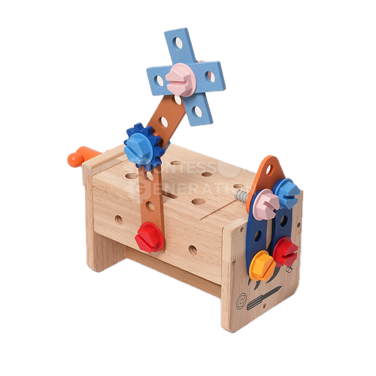 Montessori Generation Montessori Wooden Workshop, workbench with a build on top