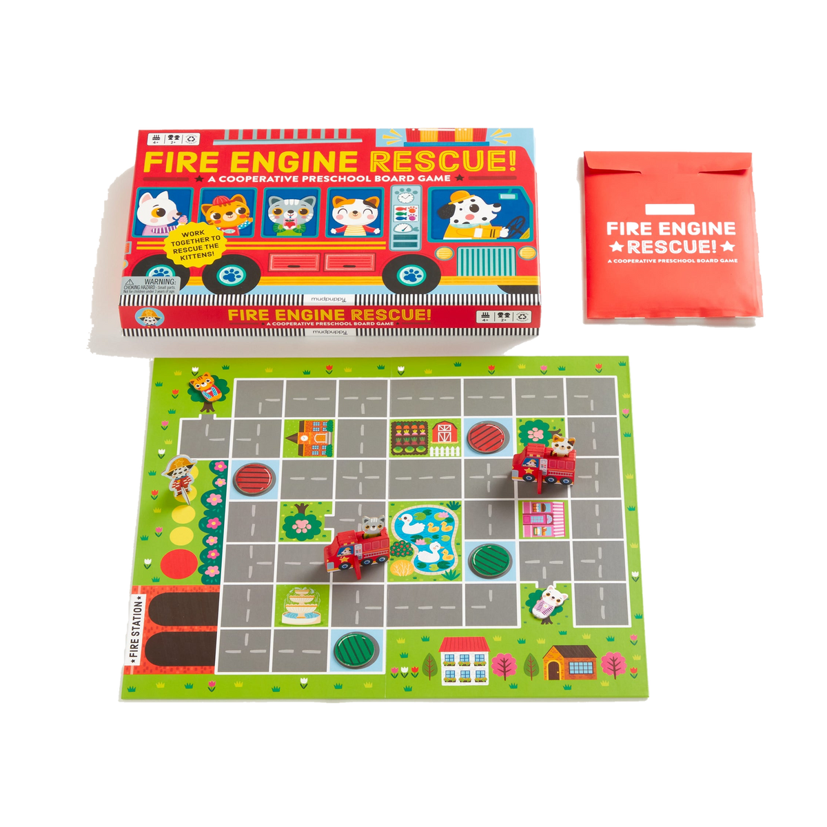 Mudpuppy Fire Engine Rescue! Cooperative Board Game, box, board and pieces
