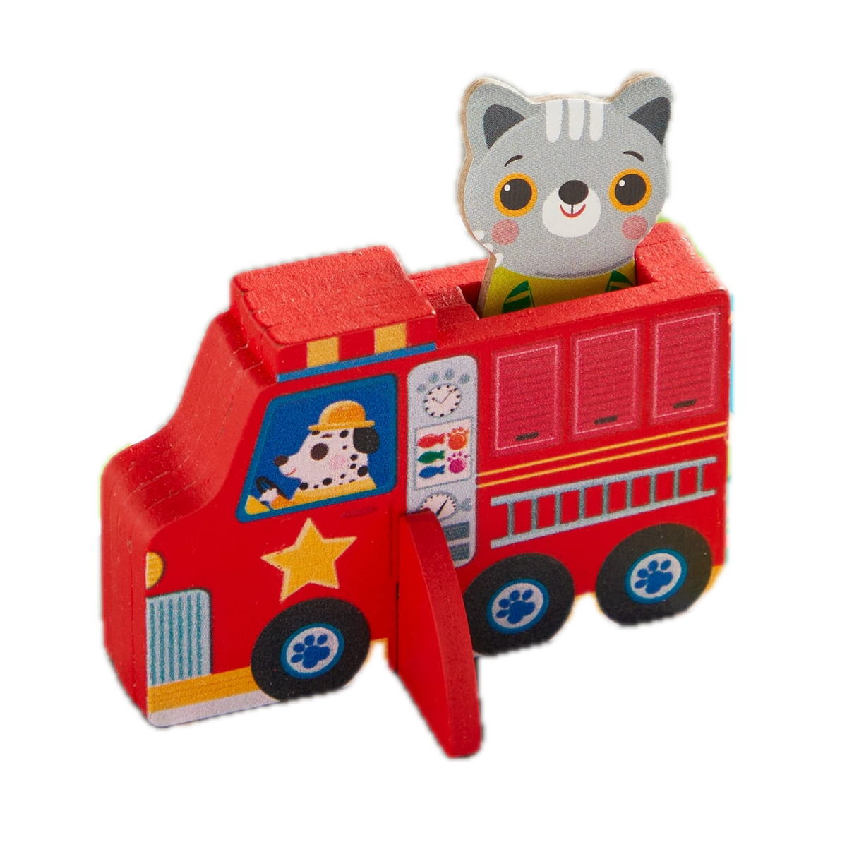 Mudpuppy Fire Engine Rescue! Cooperative Board Game, wooden fire engine with kitten tile