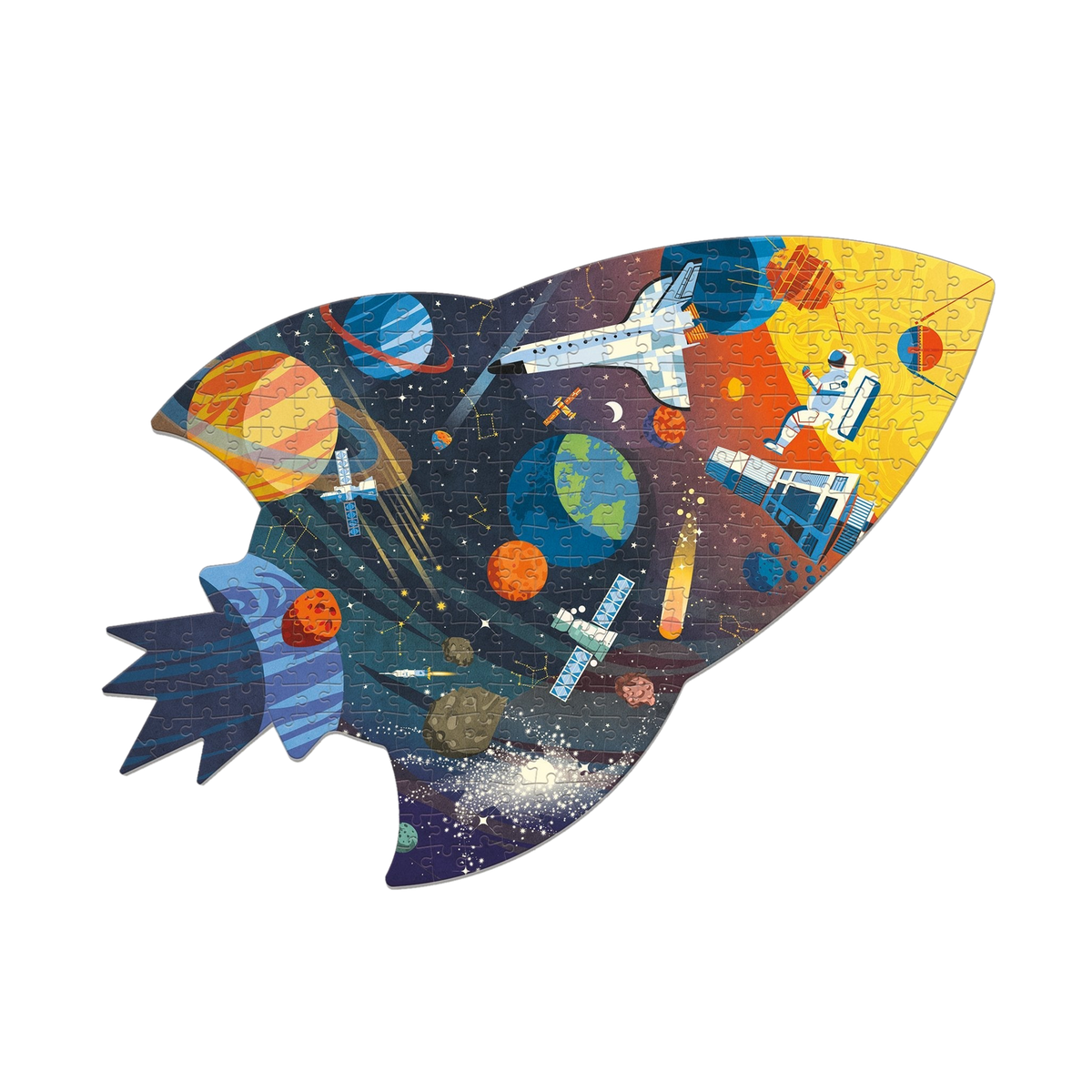 Mudpuppy Outer Space 300 Piece Shaped Scene Puzzle, finished spaceship-shaped puzzle