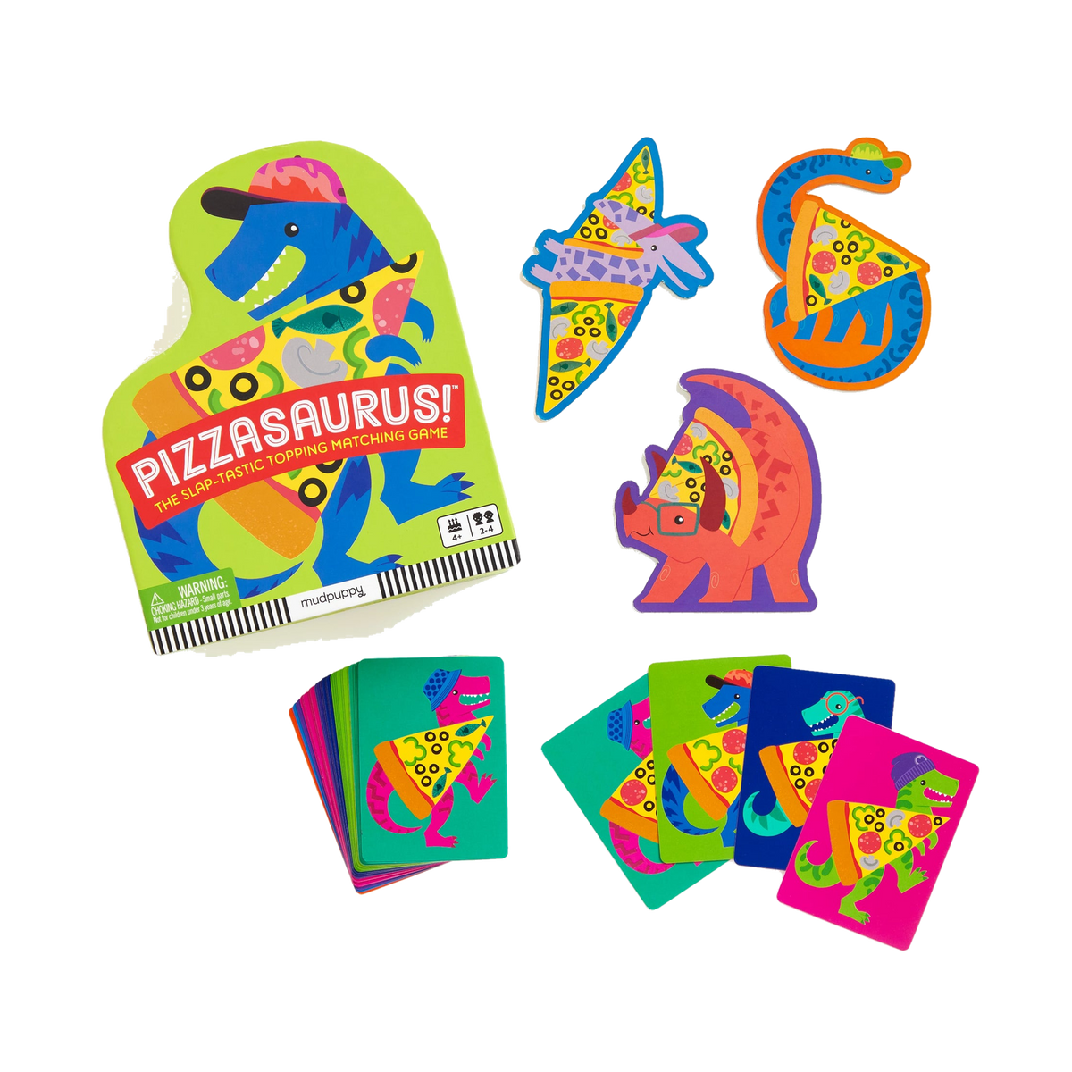 Mudpuppy Pizzasaurus! Shaped Box Game, box with cards and tiles