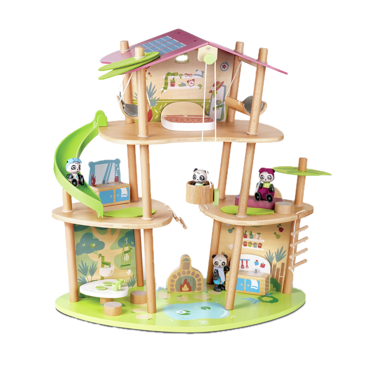 Hape Pandas’ Bamboo House E3413, three-level wooden house with slide, lift and panda figures, front view