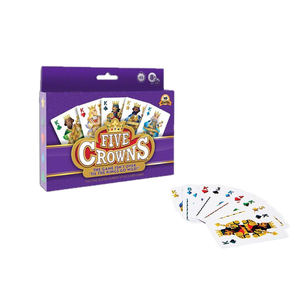 Five Crowns Card Game, box with a fanned hand of cards