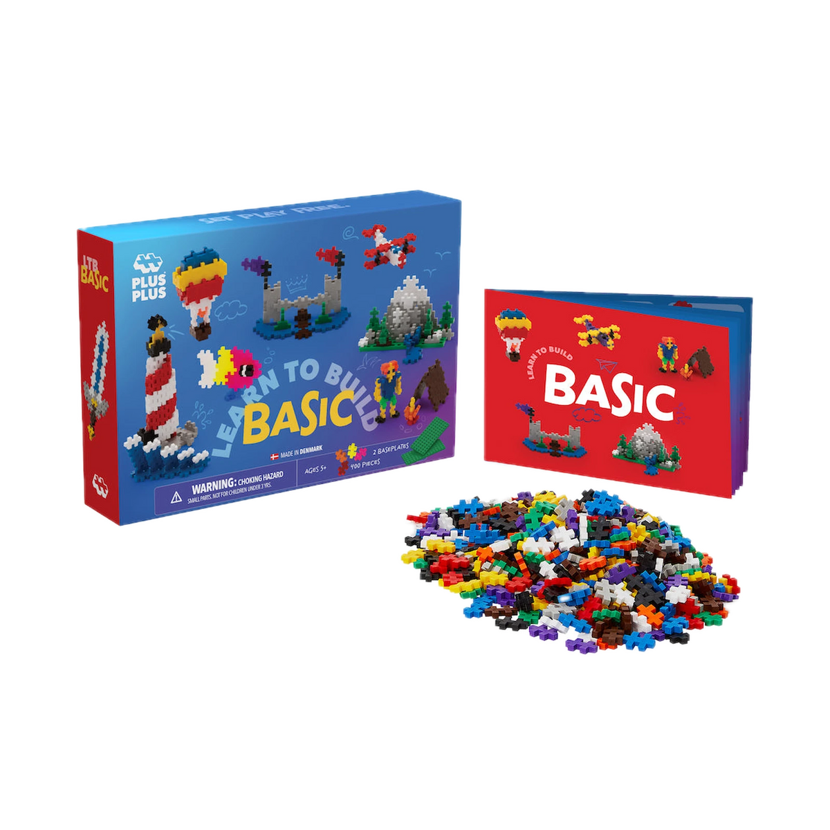 Plus-Plus Learn to Build Basic, box, guide book and pieces