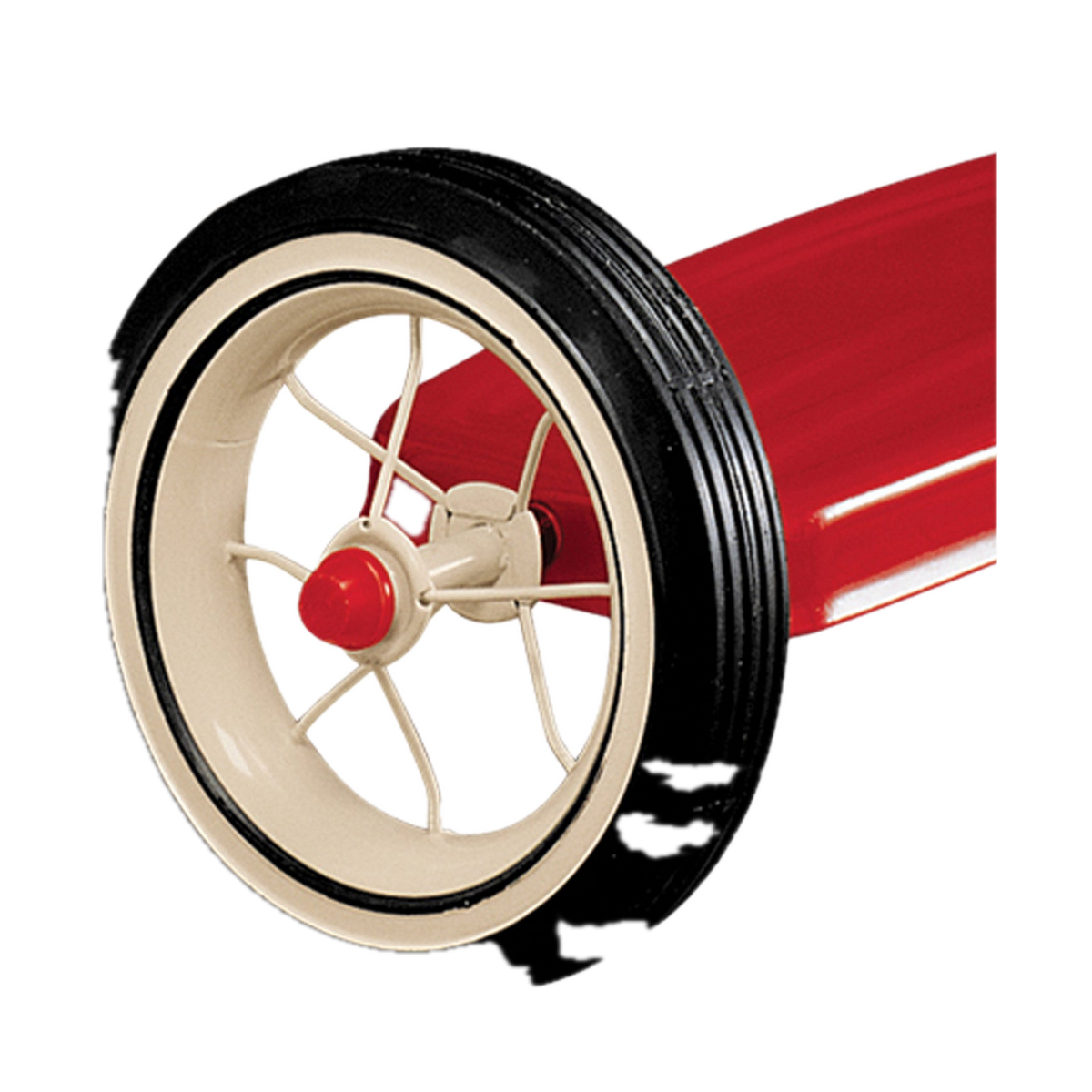 Radio Flyer Classic Red Tricycle 34BZ, spoked front wheel close-up
