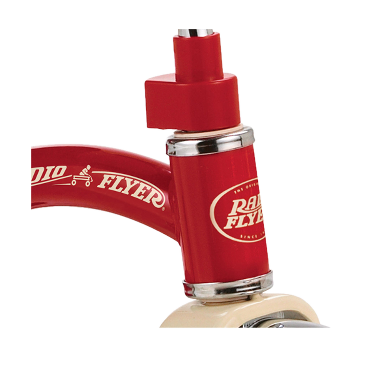 Radio Flyer Classic Red Tricycle 34BZ, chrome handlebar post close-up