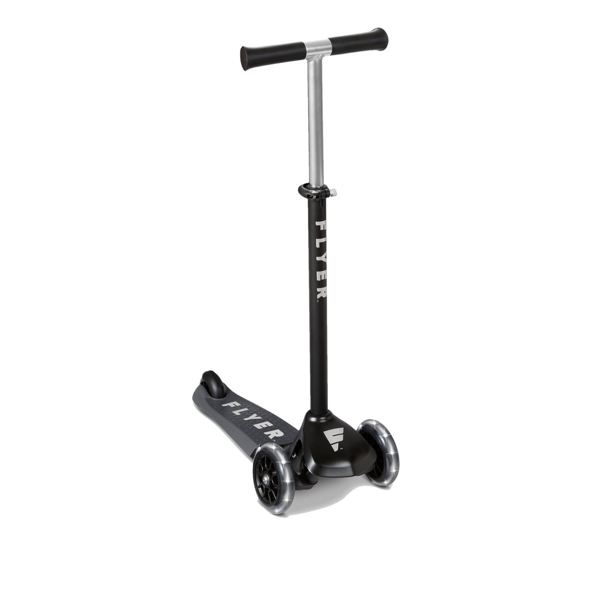 Radio Flyer Flyer Glider Pro with Light Up Wheels, black scooter, 3/4 view
