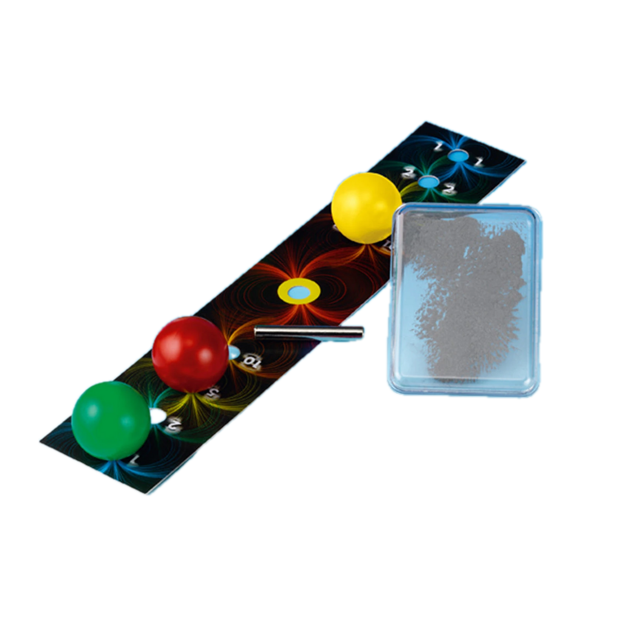 Thames & Kosmos Magnetic Science, game board, balls and iron filings box
