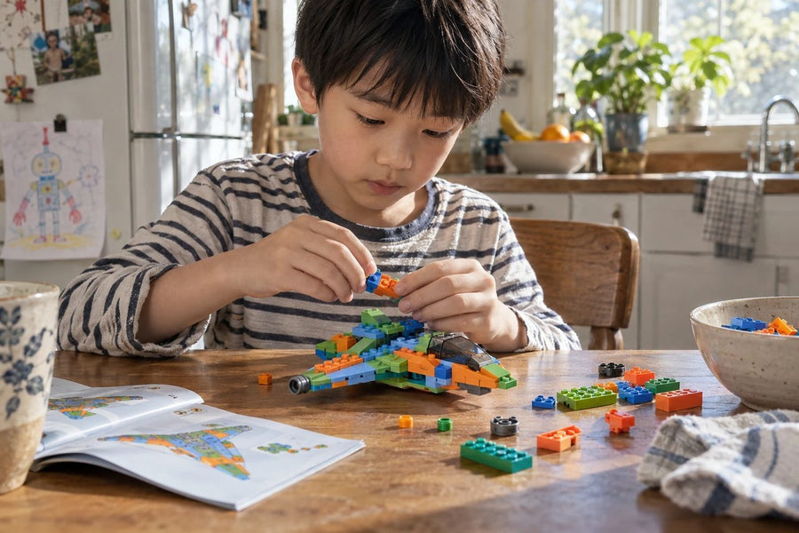 A child building a LEGO plane at a kitchen table
