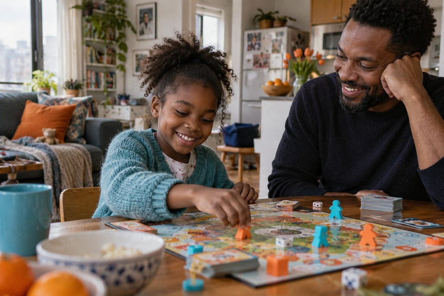 A girl and her dad playing a board game at the kitchen table